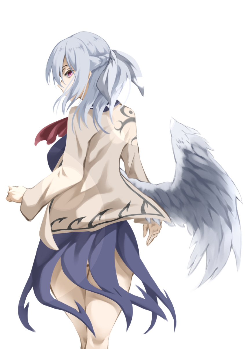 1girl absurdres angel_wings ascot ass bangs beige_jacket braid breasts dress facing_away feathered_wings feet_out_of_frame french_braid hair_between_eyes highres jacket kishin_sagume large_breasts looking_back medium_hair open_clothes open_jacket otomeza_ryuseigun panties panty_peek pink_eyes profile purple_dress red_neckwear silver_hair simple_background single_wing solo standing touhou underwear white_background wings