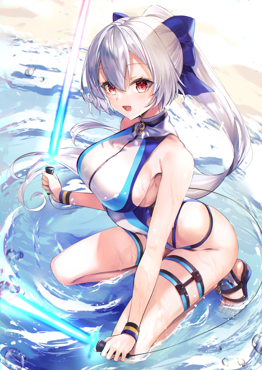 1girl absurdres bangs blue_bow blue_swimsuit bow breasts dual_wielding energy_sword fate/grand_order fate_(series) hair_between_eyes hair_bow hane_yuki highleg highleg_swimsuit highres holding kneeling large_breasts long_hair looking_at_viewer one-piece_swimsuit open_mouth ponytail red_eyes sandals shore silver_hair smile swimsuit sword thigh_strap thighs tomoe_gozen_(fate) tomoe_gozen_(swimsuit_saber)_(fate) two-tone_swimsuit water weapon wet white_swimsuit