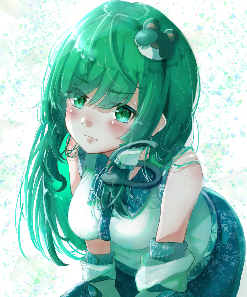 1girl absurdres bangs bare_shoulders blue_skirt blush breasts closed_mouth cowboy_shot detached_sleeves eyebrows_visible_through_hair frog_hair_ornament green_eyes green_hair gumi_(fwjn7284) hair_ornament hair_tubes hands_on_lap highres kochiya_sanae large_breasts leaning_forward long_hair looking_at_viewer shirt sidelocks simple_background skirt sleeveless sleeveless_shirt snake_hair_ornament solo swept_bangs touhou v-shaped_eyebrows v_arms white_background white_shirt