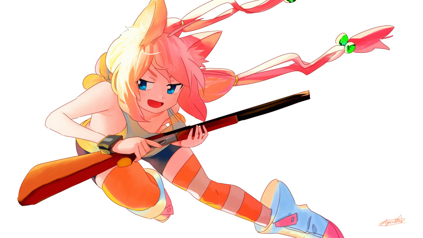 1girl :d absurdres ankle_boots bike_shorts blue_eyes boots fang floating_hair gun hair_ornament highres hinata_channel holding holding_gun holding_weapon jumping long_hair loose_clothes loose_shirt low_twintails mismatched_legwear nekomiya_hinata open_mouth orange_legwear pink_hair playerunknown's_battlegrounds ryusei_hashida shirt shotgun simple_background smile solo striped striped_legwear thigh-highs trigger_discipline twintails watch watch weapon white_background white_footwear white_shirt