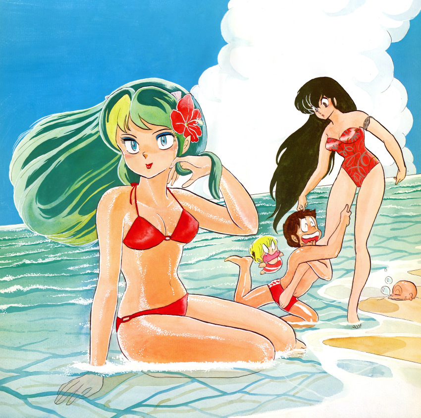 1980s_(style) 2girls 3boys adjusting_hair arm_strap barefoot bikini black_hair blue_eyes day eyeshadow fang flower food green_hair hair_flower hair_ornament highres horns leg_hug lipstick long_hair lum makeup moroboshi_ataru multiple_boys multiple_girls nose_bubble official_art old old_man one-piece_swimsuit oni oni_horns onigiri open_mouth outdoors red_bikini red_lips red_swimsuit retro_artstyle sakura_(urusei_yatsura) sakuranbou_(urusei_yatsura) shiny shiny_skin sitting sleeping smile standing strapless strapless_swimsuit swimsuit takahashi_rumiko ten_(urusei_yatsura) traditional_media urusei_yatsura very_long_hair water yokozuwari