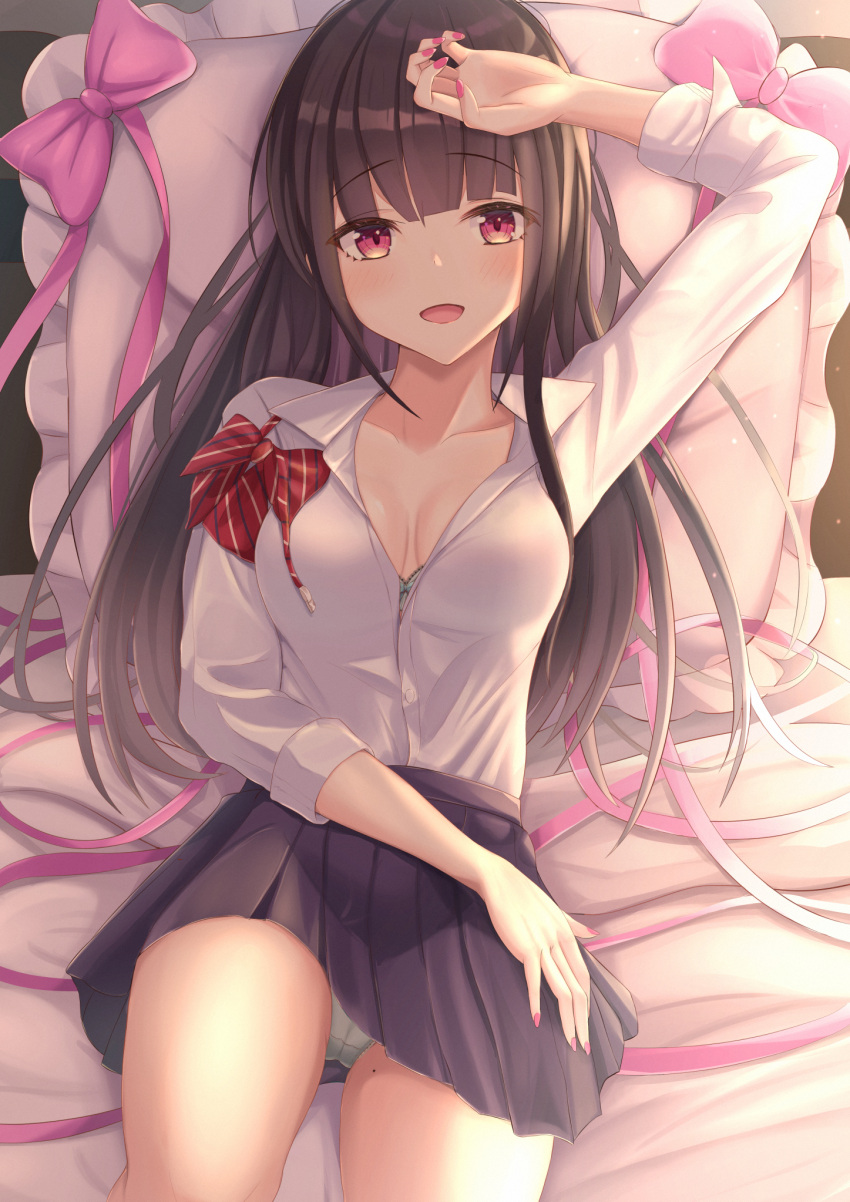 1girl bangs bed black_hair black_skirt blunt_bangs blush bow bowtie bowtie_removed breasts collared_shirt commentary_request cushion eyebrows_visible_through_hair fingernails green_panties hand_on_own_head hand_on_own_thigh highres inaka_44 long_hair long_sleeves looking_at_viewer lying medium_breasts miniskirt mole mole_on_thigh nail_polish on_back on_bed open_mouth original panties pink_bow pink_nails pink_ribbon pleated_skirt red_eyes red_neckwear ribbon school_uniform shirt skirt sleeves_folded_up solo striped striped_neckwear underwear white_shirt