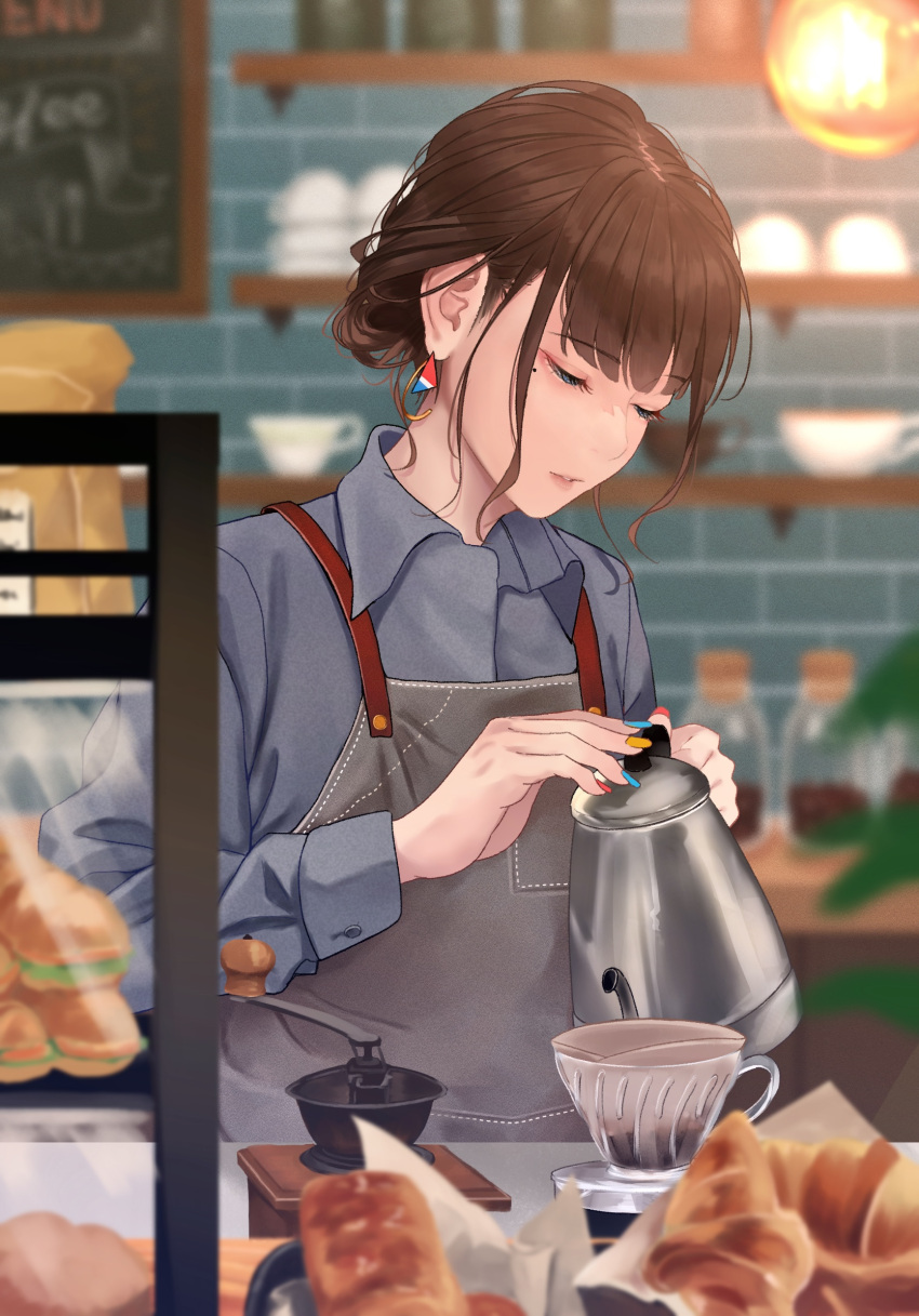 1girl bangs blue_nails brown_hair coffee_cup coffee_filter coffee_pot croissant cup disposable_cup earrings eyebrows_visible_through_hair eyeliner food half-closed_eyes highres jewelry makeup mole mole_under_eye original red_nails saitou_(lynx-shrike) sandwich solo yellow_nails