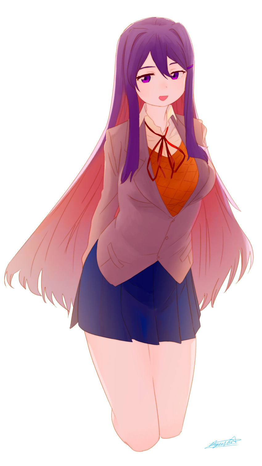 1girl :d absurdres arms_behind_back blue_skirt collared_shirt colored_inner_hair cropped_legs doki_doki_literature_club grey_jacket hair_between_eyes hair_ornament hairclip highres jacket kneeling long_hair looking_at_viewer miniskirt multicolored_hair neck_ribbon open_mouth orange_vest pleated_skirt purple_hair red_neckwear red_ribbon redhead ribbon ryusei_hashida shirt signature simple_background skirt smile solo very_long_hair vest violet_eyes white_background white_shirt wing_collar yuri_(doki_doki_literature_club)