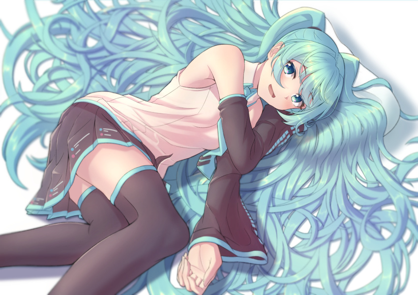 1girl 39 absurdly_long_hair aqua_hair aqua_neckwear bangs bare_shoulders black_legwear black_skirt blue_eyes collared_shirt commentary_request cropped_legs detached_sleeves dress_shirt eyebrows_visible_through_hair hatsune_miku head_on_hand highres long_hair looking_at_viewer lying necktie open_mouth pillow pleated_skirt qoopxi shiny shiny_hair shirt skirt sleeveless sleeveless_shirt smile solo thigh-highs twintails very_long_hair vocaloid white_shirt zettai_ryouiki