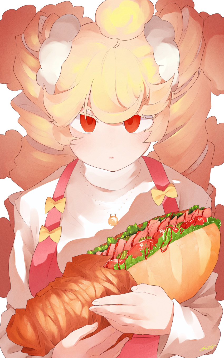 1girl absurdres ahoge big_hair blonde_hair blush bow closed_mouth cradling dress food highres holding holding_food jewelry long_sleeves looking_at_viewer mofu_mofuko_(ryusei_hashida) necklace original pink_dress red_eyes ryusei_hashida sandwich shirt solo sweater twintails upper_body white_shirt white_sweater yellow_bow
