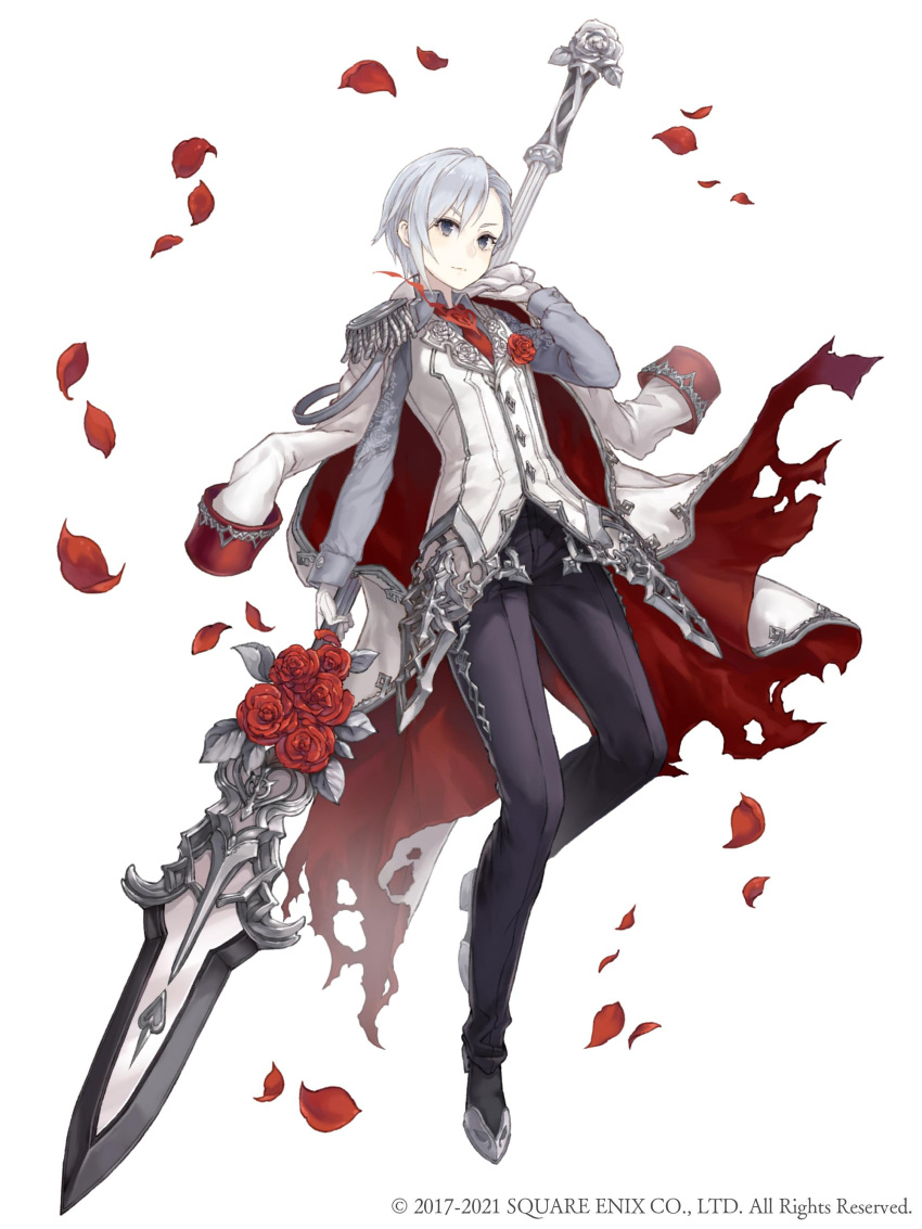 1girl absurdres coat crossdressing epaulettes flower formal fringe_trim full_body grey_eyes highres holding holding_spear holding_weapon jacket_over_shoulder ji_no looking_at_viewer necktie official_art pants petals polearm reverse_trap rose short_hair silver_hair silver_trim sinoalice snow_white_(sinoalice) solo spear square_enix suit torn_clothes very_short_hair vest_over_shirt weapon white_background