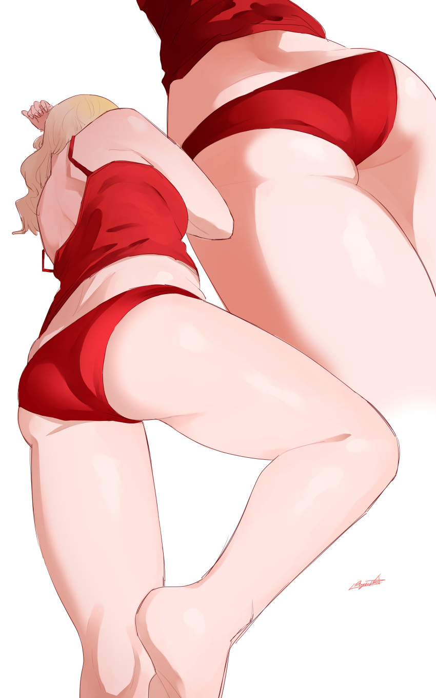 1girl absurdres arm_up artist_name ass blonde_hair camisole cropped_legs highres leg_up long_hair multiple_views original panties red_camisole red_panties ryusei_hashida signature simple_background skindentation standing underwear underwear_only white_background