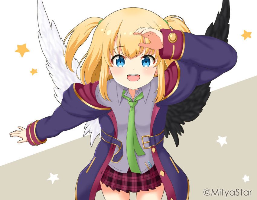 1girl :d arm_up black_wings blonde_hair blue_eyes chloe_(princess_connect!) chloe_(princess_connect!)_(cosplay) coat collared_shirt commentary_request cosplay dress_shirt feathered_wings green_neckwear grey_background grey_shirt hood hood_down hooded_coat long_hair long_sleeves looking_at_viewer maaru_(shironeko_project) miicha mismatched_wings necktie open_clothes open_coat open_mouth plaid plaid_skirt pleated_skirt princess_connect! princess_connect!_re:dive purple_coat red_skirt shironeko_project shirt skirt sleeves_past_wrists smile solo starry_background twitter_username two-tone_background two_side_up upper_teeth white_background white_wings wings