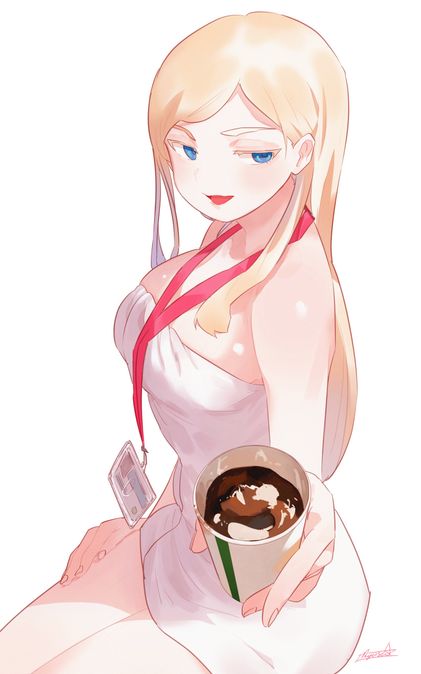 1girl :d absurdres bare_arms bare_shoulders blonde_hair blue_eyes coffee cup disposable_cup fingernails from_side highres holding holding_cup id_card incoming_drink lanyard long_hair looking_at_viewer looking_to_the_side naked_towel open_mouth original ryusei_hashida signature simple_background smile solo towel white_background white_towel