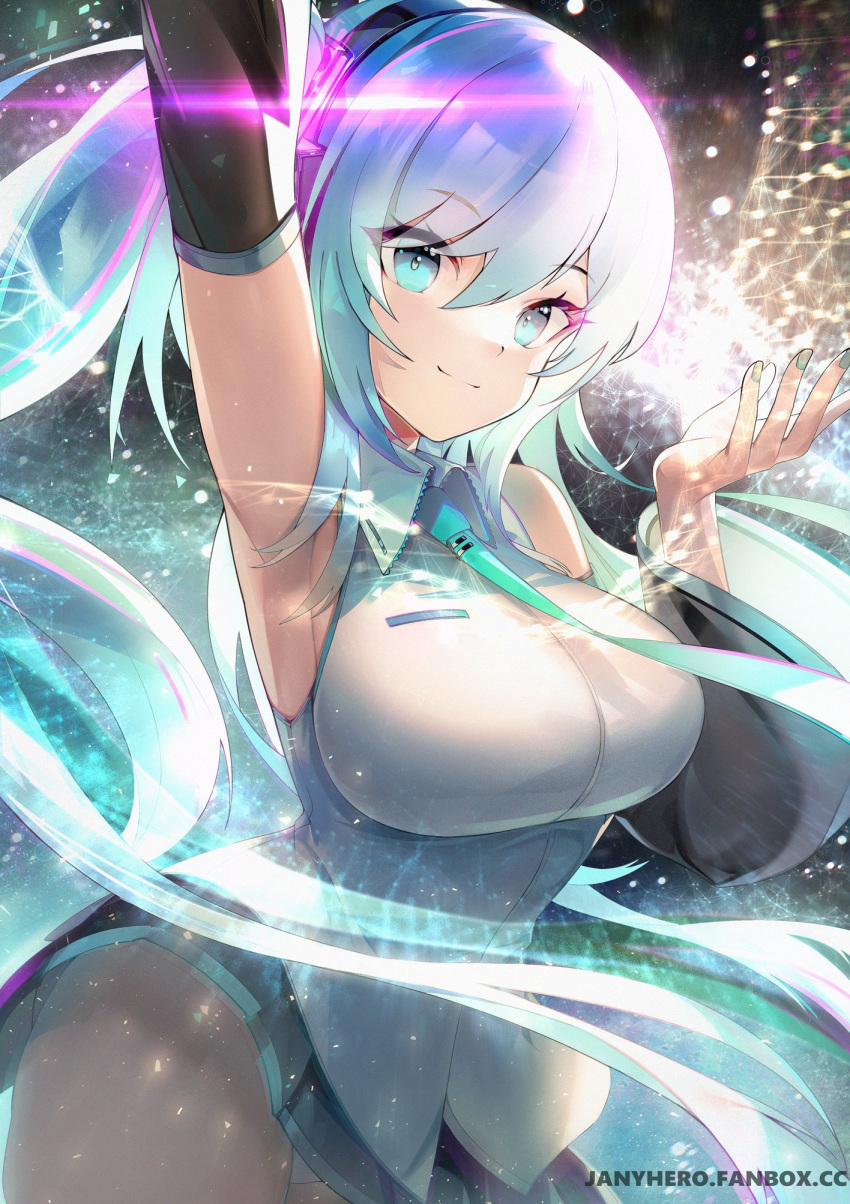 1girl 39 arm_up armpits bare_shoulders black_skirt blue_eyes blue_hair breasts collared_shirt cowboy_shot detached_sleeves grey_shirt hand_up hatsune_miku highres janyhero large_breasts long_hair long_sleeves looking_at_viewer miniskirt necktie panties pantyshot pleated_skirt shirt skirt sleeveless sleeveless_shirt smile solo tell_your_world_(vocaloid) twintails underwear very_long_hair vocaloid white_panties