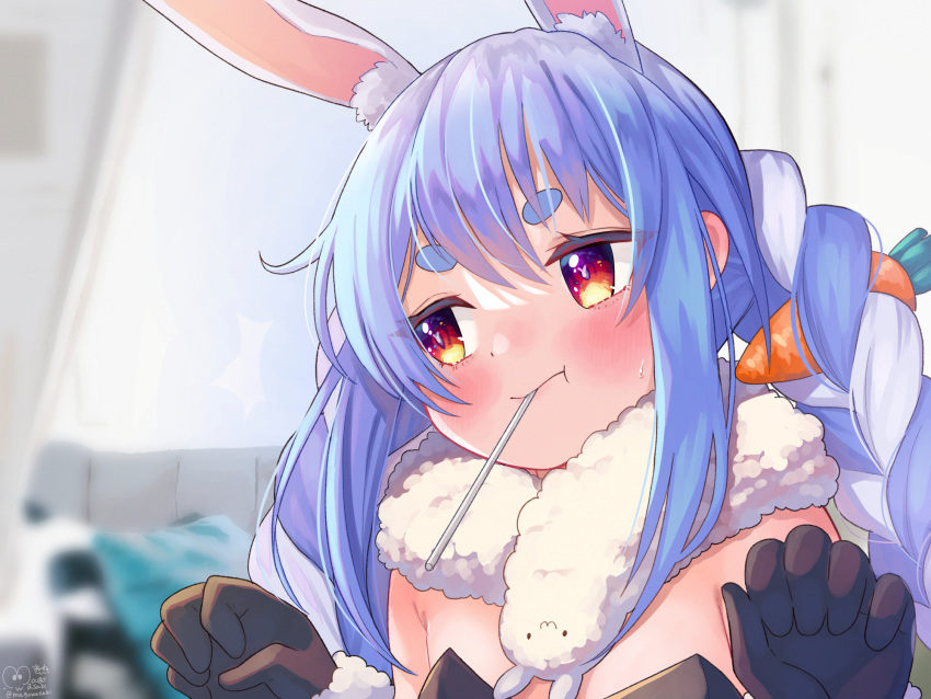 1girl :t animal_ear_fluff animal_ears bangs black_gloves black_leotard blue_hair blurry blurry_background blush braid bunny-shaped_pupils candy carrot_hair_ornament closed_mouth depth_of_field don-chan_(usada_pekora) eyebrows_visible_through_hair food food_in_mouth food_themed_hair_ornament gloves hair_between_eyes hair_ornament hands_up highres hololive leotard lollipop long_hair looking_away looking_to_the_side magowasabi rabbit_ears red_eyes short_eyebrows signature strapless strapless_leotard sweat thick_eyebrows twin_braids twintails twitter_username upper_body usada_pekora virtual_youtuber white_hair