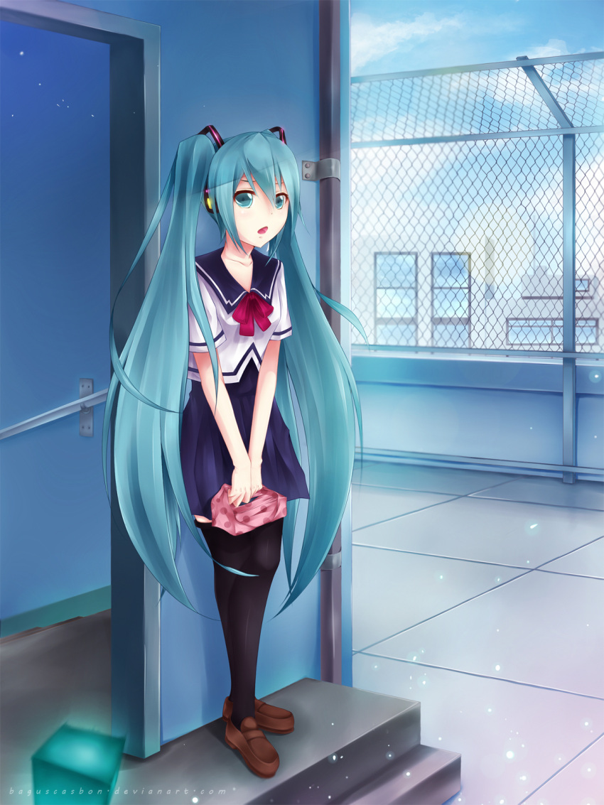 1girl aqua_eyes aqua_hair black_legwear chain-link_fence clouds dmith fence food full_body hair_between_eyes hatsune_miku highres holding loafers long_hair long_image looking_at_viewer obentou open_mouth school_uniform shoes sky stairs standing tall_image thigh-highs twintails uniform very_long_hair vocaloid