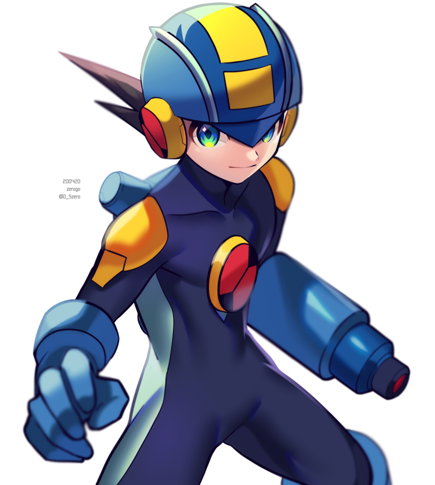 1boy arm_cannon artist_name blue_bodysuit blue_headwear blurry bodysuit brown_hair closed_mouth commentary_request covered_collarbone dated depth_of_field green_eyes helmet highres light_smile looking_at_viewer male_focus netnavi rockman rockman_exe rockman_exe_(character) short_hair simple_background solo standing twitter_username weapon white_background zero-go
