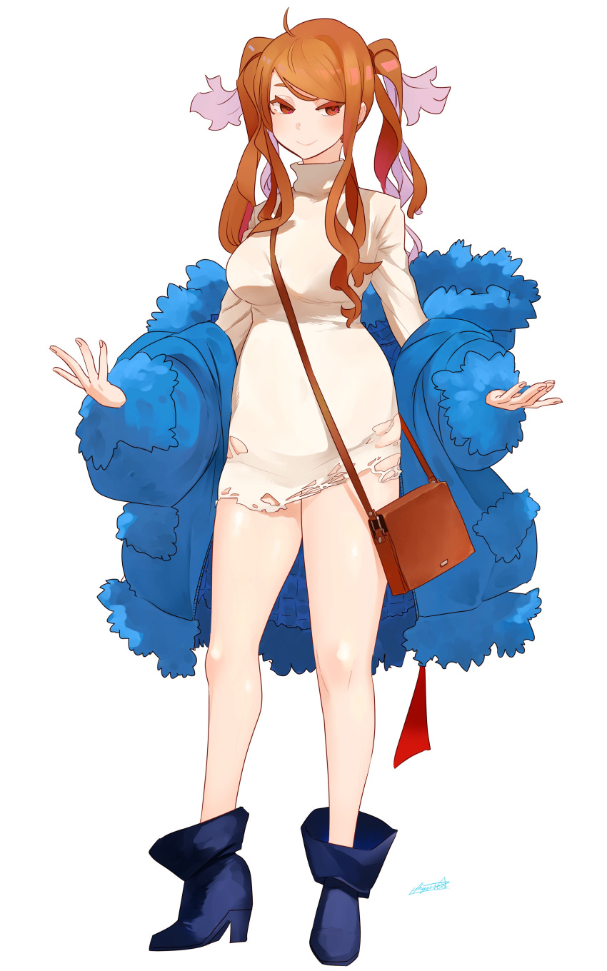 1girl absurdres ahoge ankle_boots bag between_breasts blue_coat blue_footwear boots breasts brown_eyes brown_hair closed_mouth coat commission contrapposto dress full_body high_heel_boots high_heels highres large_breasts looking_at_viewer off_shoulder open_clothes open_coat original quad_tails ryusei_hashida short_dress shoulder_bag sidelocks signature simple_background smile solo standing strap_between_breasts sweater sweater_dress torn_clothes torn_dress torn_sweater twintails white_background white_dress white_sweater