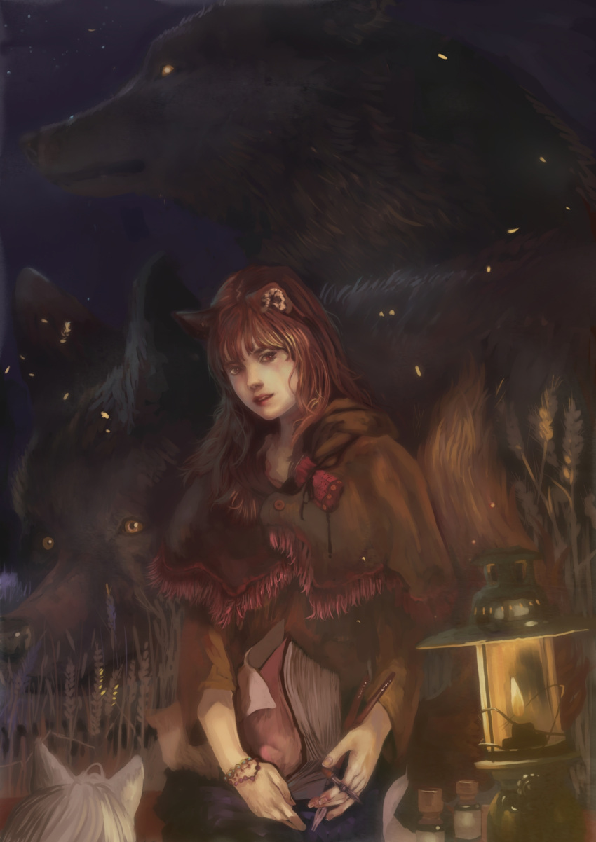 2girls animal_ears brown_hair grey_hair highres holo lantern lips long_hair looking_at_viewer multiple_girls myuri_(spice_and_wolf) nttc6512 painterly pouch red_eyes shawl shinsetsu_spice_and_wolf spice_and_wolf tail wheat wolf wolf_ears wolf_tail yellow_eyes