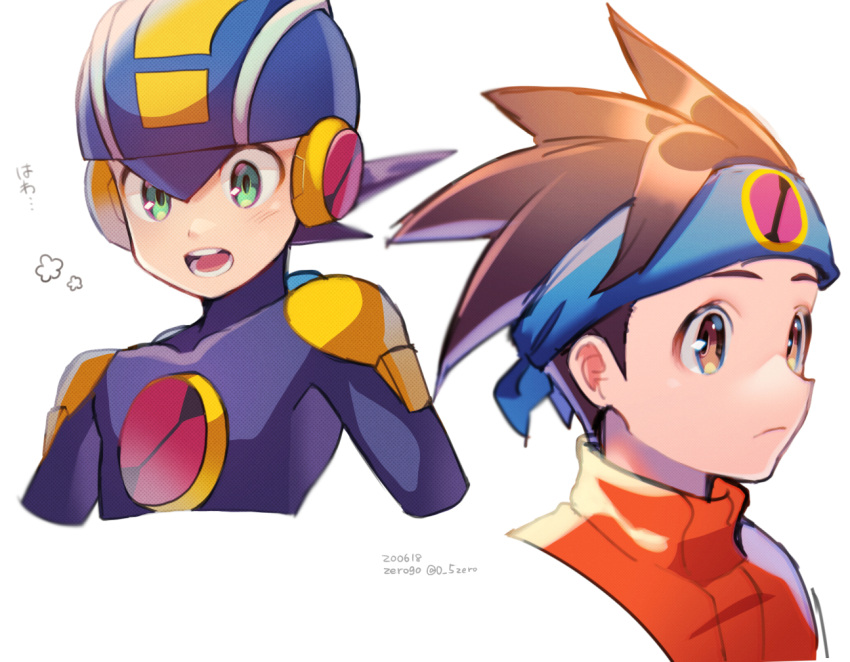 2boys artist_name blue_headband blue_headwear blush bodysuit brown_eyes brown_hair closed_mouth commentary_request cropped_torso dated green_eyes headband helmet hikari_netto looking_at_viewer looking_to_the_side male_focus multiple_boys netnavi open_mouth orange_vest purple_bodysuit rockman rockman_exe rockman_exe_(character) short_hair simple_background spiky_hair teeth turtleneck twitter_username upper_body vest white_background zero-go