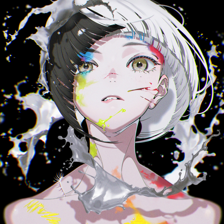 1girl absurdres biting black_background black_hair blunt_ends brown_eyes chromatic_aberration highres lip_biting looking_at_viewer original paint paint_on_face portrait shadow solo white_hair yoneyama_mai