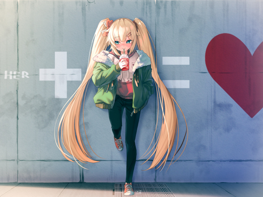 1girl against_wall akai_haato alternate_hairstyle aqua_eyes bangs black_pants blonde_hair blush bomber_jacket cup denim disposable_cup drinking_straw facing_viewer full_body fur-trimmed_jacket fur_trim green_jacket hair_between_eyes hair_ornament hairclip heart heart_hair_ornament highres holding holding_cup hololive jacket jeans knee_up leg_up long_hair magowasabi nail_polish pants red_footwear red_nails shoes sideways_glance sipping smile sneakers solo straight-on twintails very_long_hair virtual_youtuber