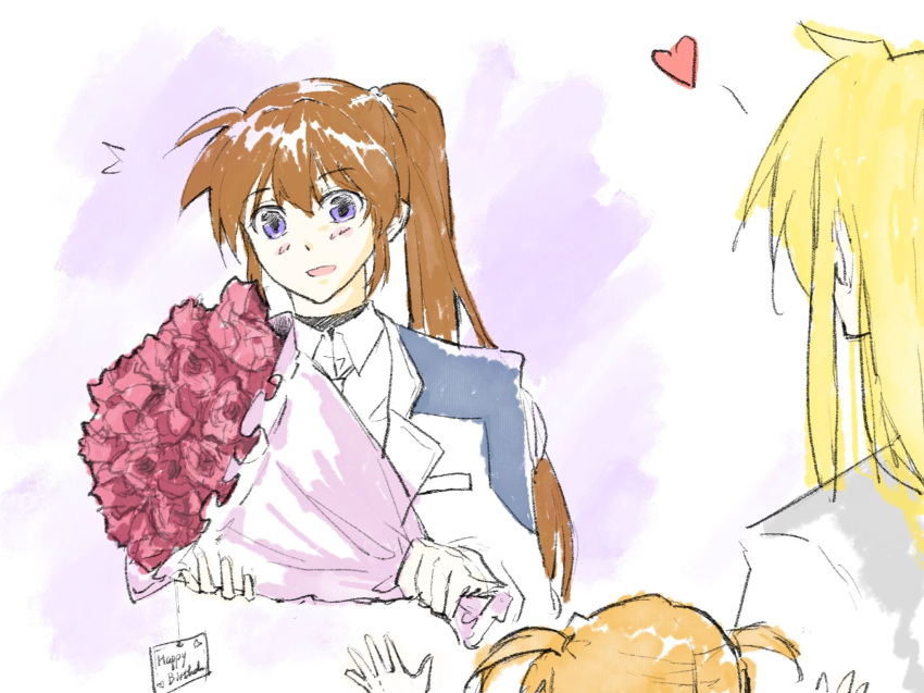 3girls birthday blonde_hair blush brown_hair couple family fate_testarossa flower happy heart highres lastfin long_hair lyrical_nanoha mahou_shoujo_lyrical_nanoha mahou_shoujo_lyrical_nanoha_strikers mahou_shoujo_lyrical_nanoha_vivid multiple_girls open_mouth side_ponytail smile takamachi_nanoha vivio white_background yuri