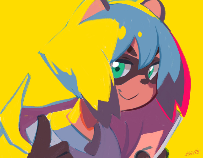 1girl animal_ears blue_hair bob_cut brand_new_animal brown_gloves closed_mouth domino_mask furry gloves green_eyes highres kagemori_michiru looking_at_viewer mask ryusei_hashida signature simple_background smile solo thumbs_up upper_body yellow_background
