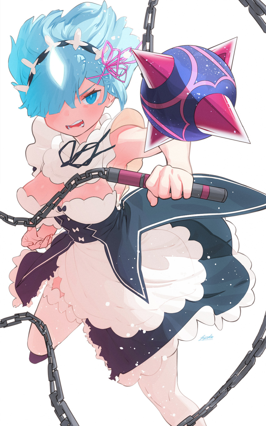 1girl apron ball_and_chain_(weapon) black_dress blue_eyes blue_hair bouncing_breasts breasts dress floating_hair frown glowing_horns hair_over_one_eye hair_ribbon highres holding holding_weapon horns jumping large_breasts looking_at_viewer maid maid_headdress medium_hair one_eye_covered open_mouth pink_ribbon re:zero_kara_hajimeru_isekai_seikatsu rem_(re:zero) ribbon ryusei_hashida signature simple_background single_horn slit_pupils solo thigh-highs waist_apron weapon white_apron white_background white_legwear