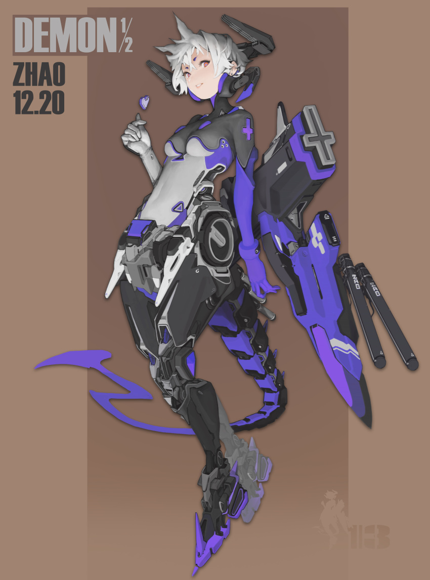 1girl absurdres android breasts brown_background dated floating hair_behind_ear highres looking_at_viewer mecha_musume mechanical_legs mechanical_tail original parted_lips red_eyes short_eyebrows short_hair small_breasts solo tail v-shaped_eyebrows white_hair yang_youcai