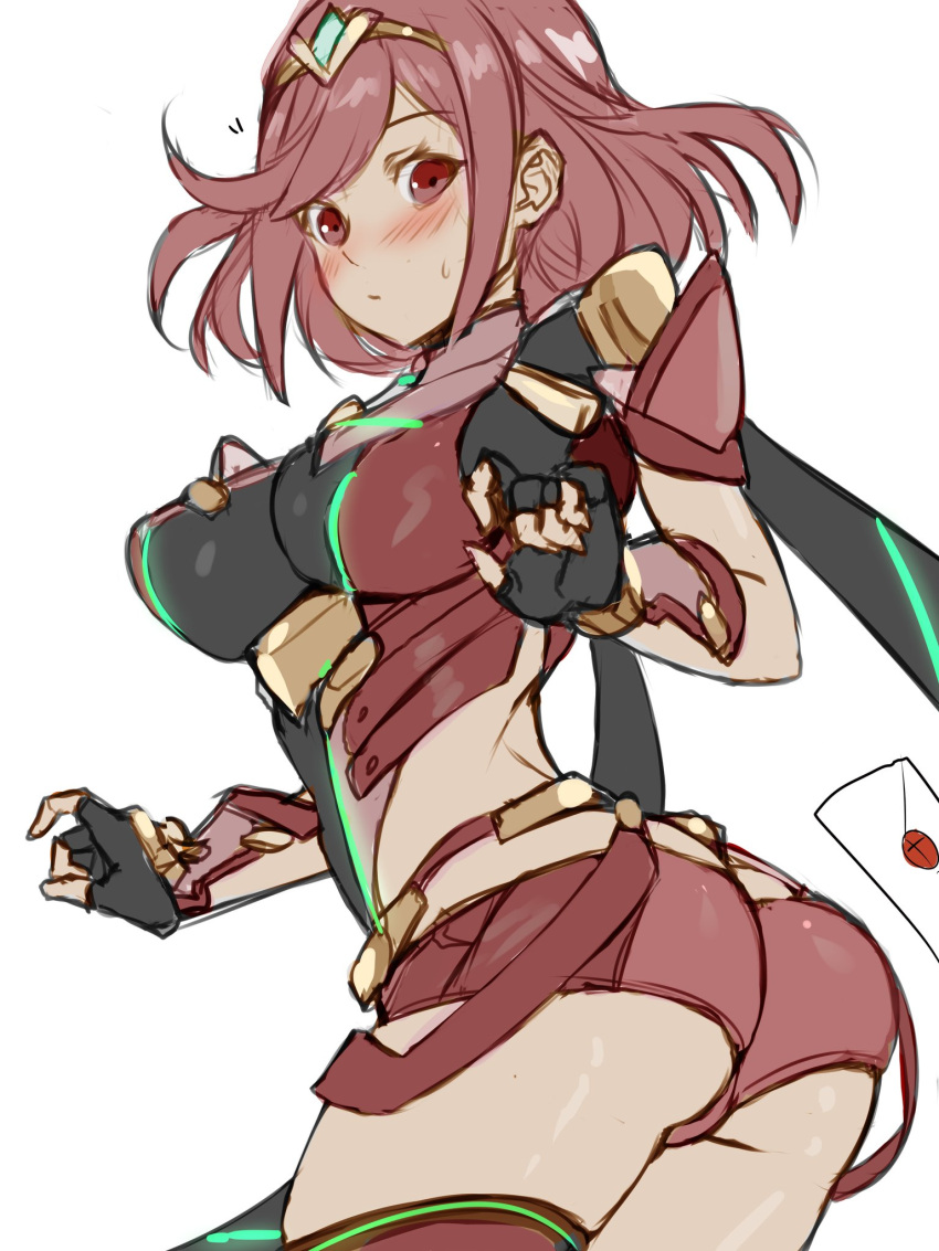 1girl armor ass bangs blush breasts enmanuelart20 eyebrows_visible_through_hair fingerless_gloves gloves highres large_breasts looking_at_viewer pyra_(xenoblade) red_eyes red_shorts redhead short_hair short_shorts shorts shoulder_armor simple_background solo super_smash_bros. tiara white_background