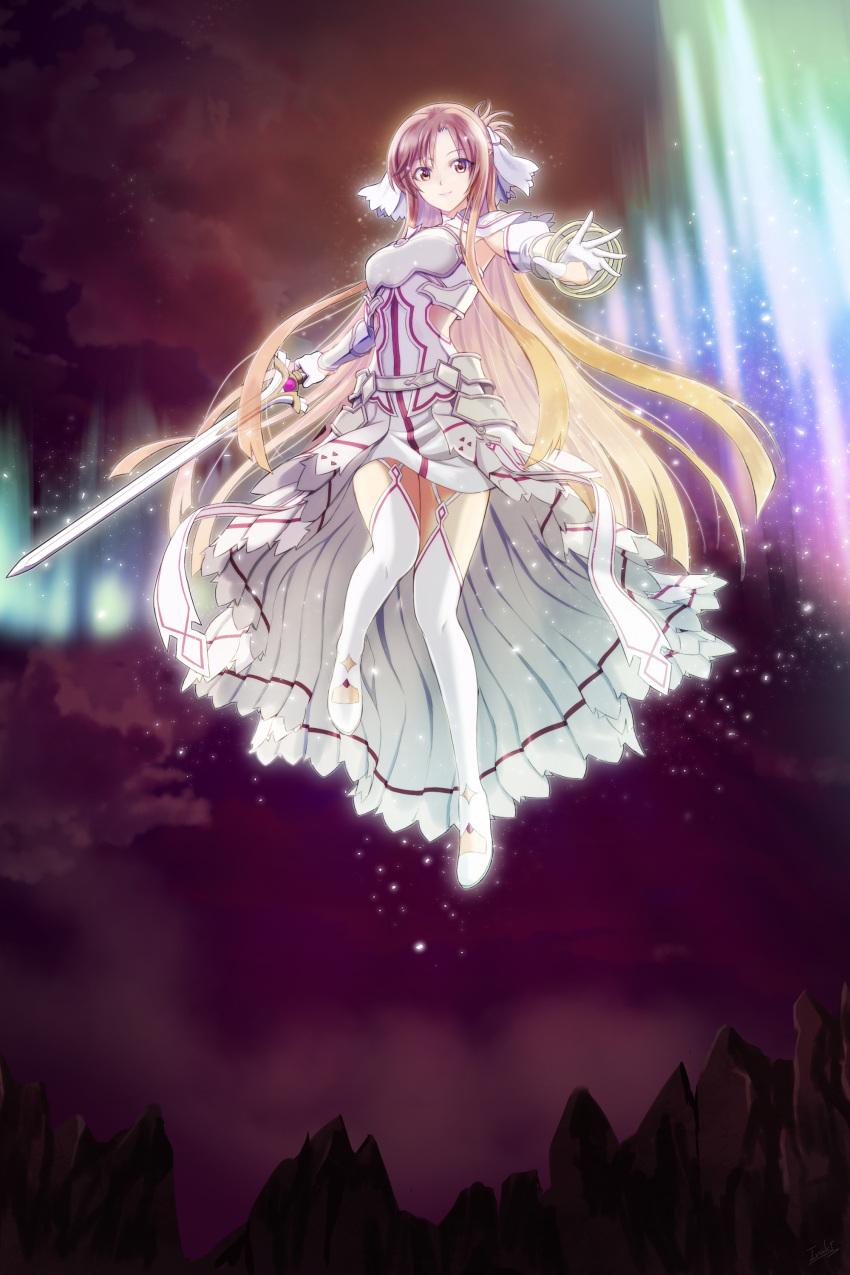 1girl absurdres armor armored_dress asuna_(stacia) blonde_hair boots breastplate brown_eyes brown_hair closed_mouth dress floating_hair flying full_body gloves gradient_hair highres holding holding_sword holding_weapon ivuki long_hair looking_at_viewer miniskirt multicolored_hair purple_sky shiny shiny_hair skirt smile solo sword sword_art_online thigh-highs thigh_boots very_long_hair waist_cape weapon white_dress white_footwear white_gloves