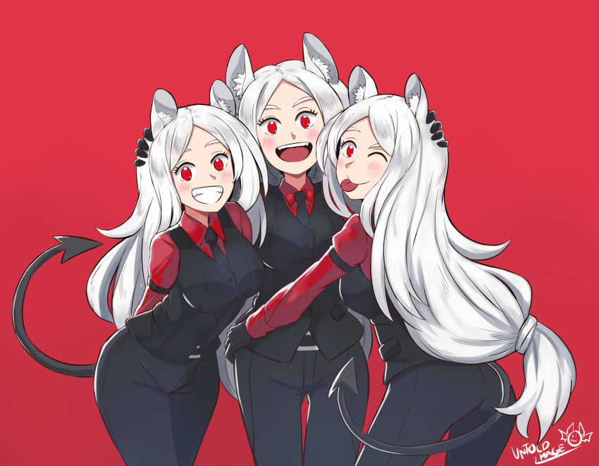 3girls ;p absurdres animal_ears artist_name black_neckwear black_pants black_vest blush breasts cerberus_(helltaker) demon_tail dog_ears grey_hair hand_on_another's_head helltaker highres medium_breasts multiple_girls one_eye_closed pants red_background red_eyes red_shirt sharp_teeth shirt siblings sisters smile tail teeth thigh_gap tongue tongue_out untold vest