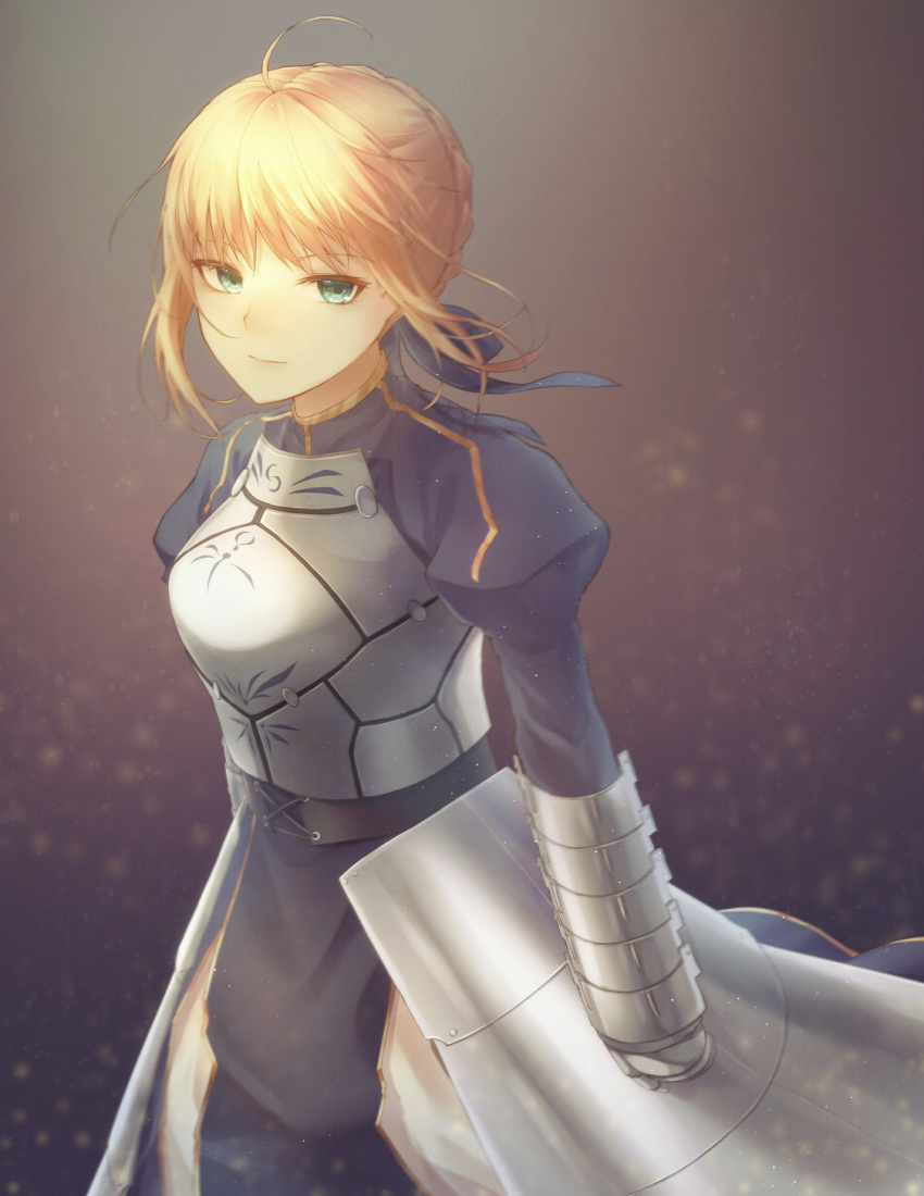 1girl ahoge armor armored_dress artoria_pendragon_(all) bangs blonde_hair blue_dress blue_ribbon braid braided_bun breastplate closed_mouth dress fate/stay_night fate_(series) faulds floating_hair gauntlets green_eyes hair_ribbon highres looking_at_viewer ribbon saber short_hair solo standing suzuna_(fkpw5754)
