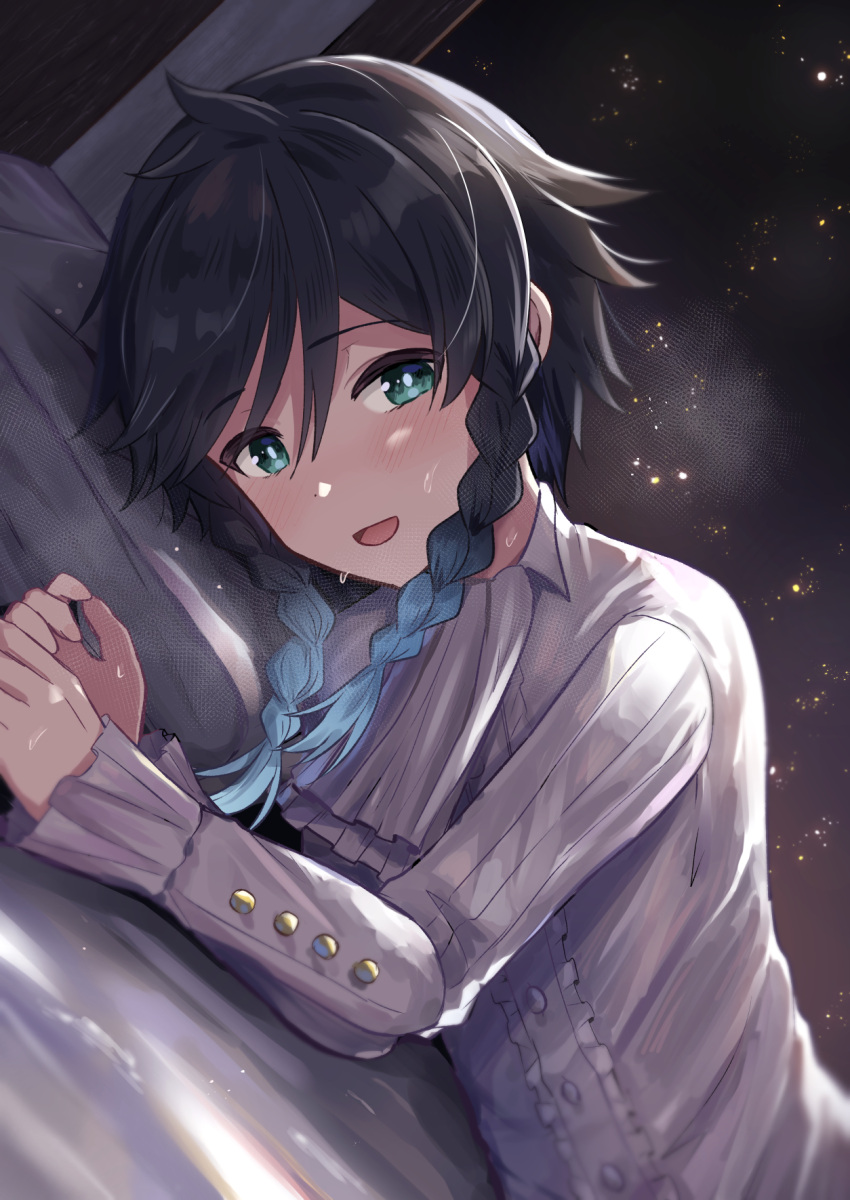 1boy androgynous ascot bangs bed bed_sheet black_hair blue_hair blush braid collared_shirt cravat eyebrows_visible_through_hair frilled_sleeves frills genshin_impact gradient_hair green_eyes highres long_sleeves looking_at_viewer lying male_focus multicolored_hair on_side open_mouth pillow shirt short_hair_with_long_locks simple_background smile solo steam sweat tadano_rom twin_braids venti_(genshin_impact) white_shirt