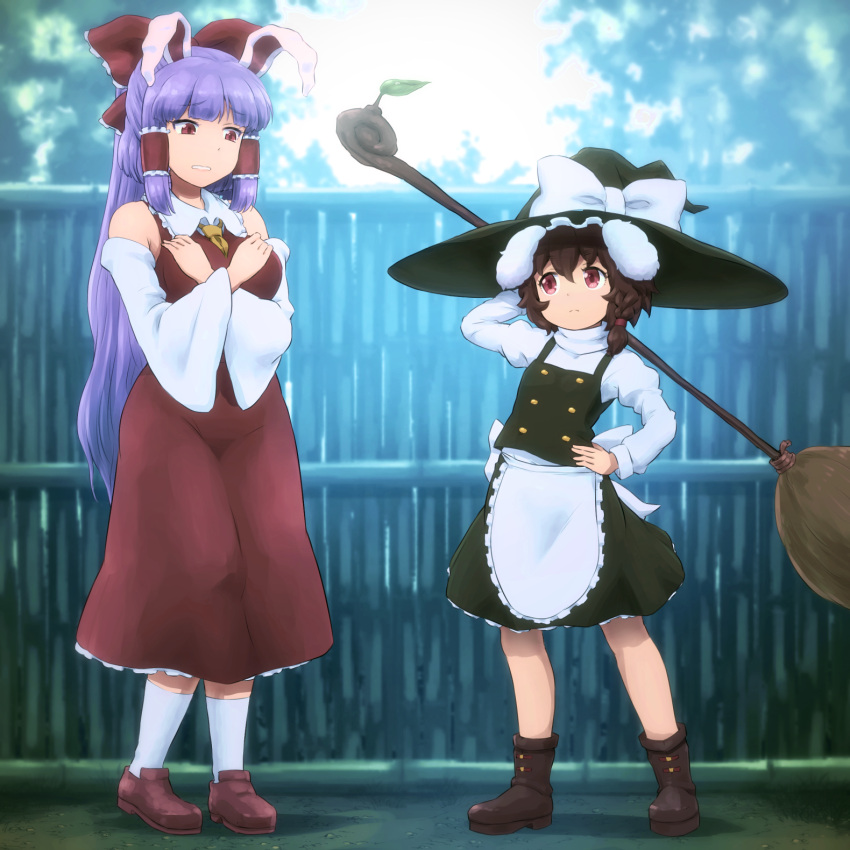 2girls animal_ears apron ascot bangs bare_shoulders between_breasts black_headwear black_skirt black_vest bloom blunt_bangs boots bow braid breasts broom brown_footwear brown_hair closed_mouth commentary_request contrapposto cosplay crossed_arms detached_sleeves expressionless fence flat_chest floppy_ears frilled_bow frilled_hair_tubes frilled_shirt_collar frills full_body furrowed_eyebrows hair_between_eyes hair_bow hair_tubes hakurei_reimu hakurei_reimu_(cosplay) hand_on_hip hand_up hands_on_own_chest hat hat_bow highres holding holding_broom inaba_tewi juliet_sleeves kirisame_marisa kirisame_marisa_(cosplay) leaf light_frown loafers long_hair long_sleeves looking_at_another medium_breasts multiple_girls necktie necktie_between_breasts outdoors parted_lips petticoat pink_eyes puffy_sleeves purple_hair rabbit_ears red_bow red_eyes red_skirt red_vest reisen_udongein_inaba shirosato shoes short_hair side_braid single_braid skirt standing tareme touhou turtleneck very_long_hair vest waist_apron white_apron white_bow white_legwear wide_sleeves witch_hat yellow_neckwear