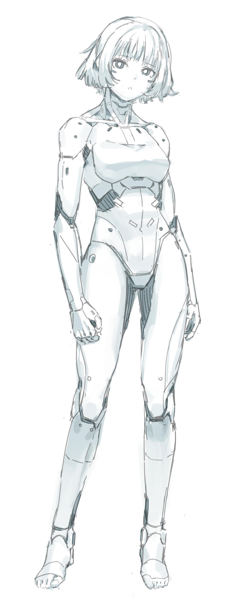 1girl absurdres android arms_at_sides breasts commentary_request contrapposto eyebrows_visible_through_hair full_body highres joints looking_at_viewer medium_breasts monochrome original robot_joints short_hair solipsist solo standing triangle_mouth white_background