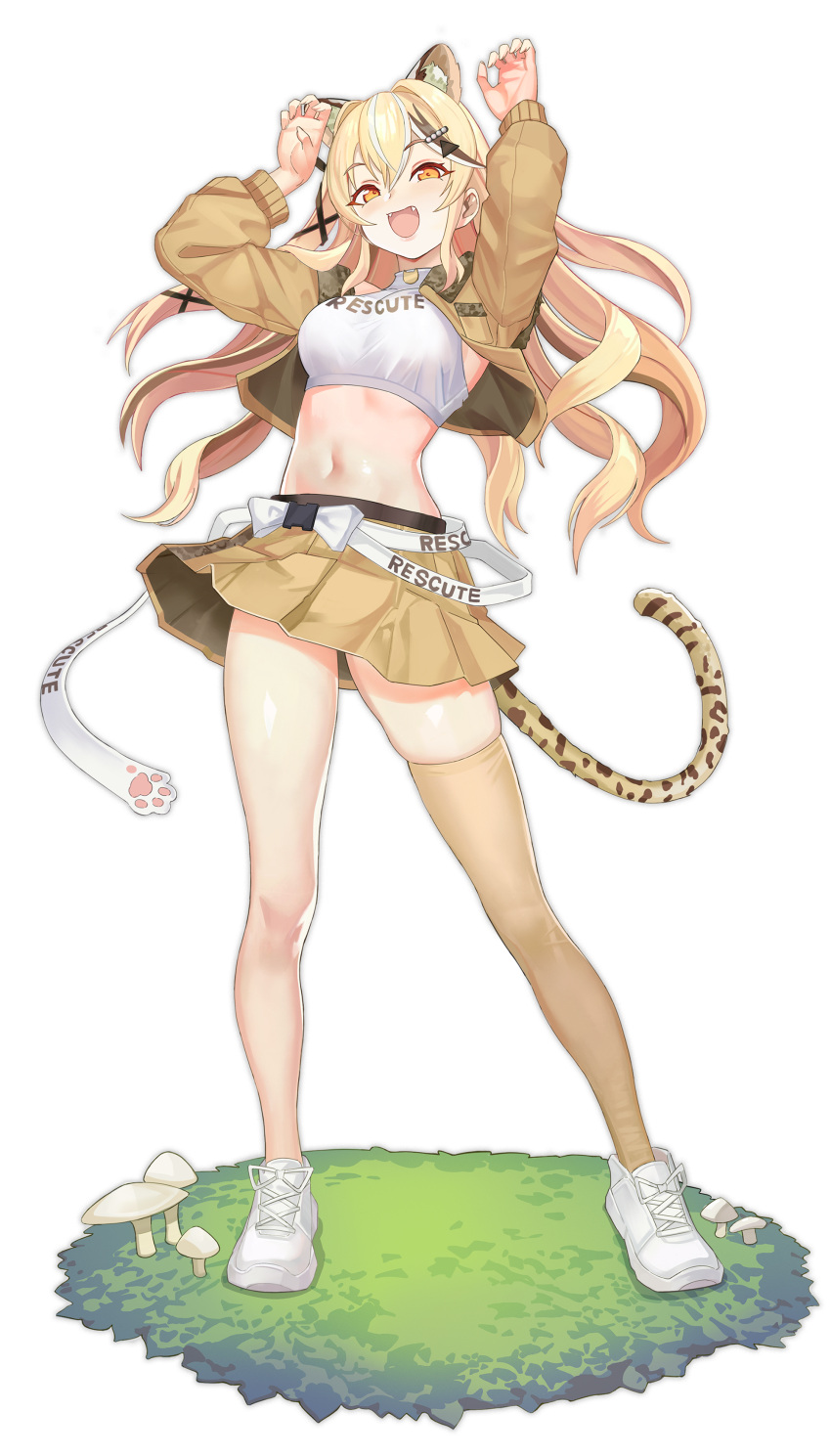 1girl :d absurdres animal_ear_fluff animal_ears arms_up ayuxu bangs blonde_hair breasts brown_hair brown_jacket brown_legwear brown_skirt character_request clothes_writing copyright_request crop_top cropped_jacket eyebrows_visible_through_hair fangs full_body hair_between_eyes highres jacket long_hair long_sleeves looking_at_viewer medium_breasts midriff miniskirt multicolored_hair mushroom navel open_mouth pleated_skirt shirt shoes simple_background single_thighhigh skirt smile sneakers solo standing stomach streaked_hair tail thigh-highs thighs tiger_ears tiger_tail very_long_hair white_background white_footwear white_shirt