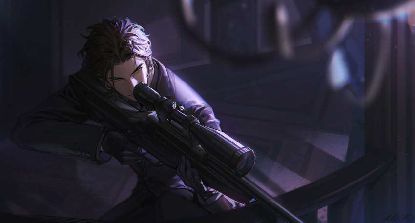 1boy aiming alzi_xiaomi artist_name balcony bangs black_gloves black_jacket black_pants black_suit blurry blurry_foreground brown_hair claude_von_riegan closed_mouth commentary contemporary dark_skin dark_skinned_male earrings expressionless fire_emblem fire_emblem:_three_houses formal gloves green_eyes gun highres holding holding_gun holding_weapon indoors jacket jewelry kneeling light long_sleeves pants parted_bangs rifle short_hair signature sniper_rifle sniper_scope solo tsurime weapon