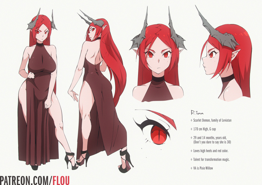 1girl ass bare_back bare_shoulders breasts choker demon_girl flou freckles high_heels horns large_breasts legs original pointy_ears red_eyes redhead upper_body