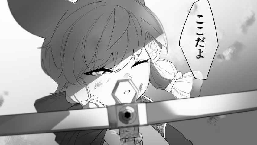 1girl aiming_at_viewer animal_ears ao_oni_(onioni-aoi) arknights bangs braid commentary_request crossbow eyebrows_visible_through_hair highres holding holding_crossbow kokodayo kroos_(arknights) looking_at_viewer monochrome one_eye_closed open_mouth partially_translated rabbit_ears short_hair side_braids solo twin_braids