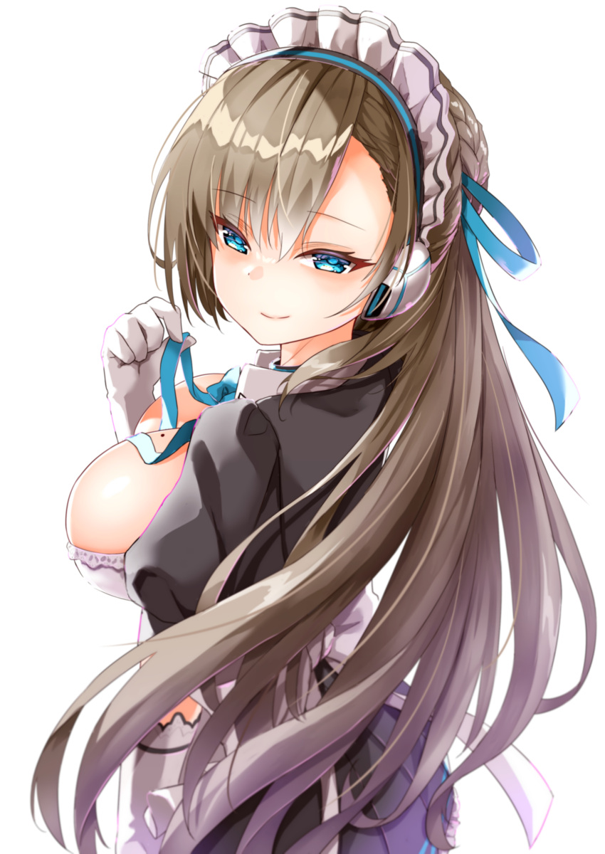 1girl absurdres apron asuna_(blue_archive) bangs black_dress blue_archive blue_eyes blue_ribbon braid breasts brown_hair classic_(zildjian33) closed_mouth dress eyebrows_visible_through_hair frilled_dress frills from_side gloves hair_ornament hair_ribbon headphones highres large_breasts long_hair looking_at_viewer looking_to_the_side maid maid_headdress mole mole_on_breast pleated_dress puffy_short_sleeves puffy_sleeves ribbon short_sleeves simple_background smile solo white_apron white_background white_gloves white_headwear