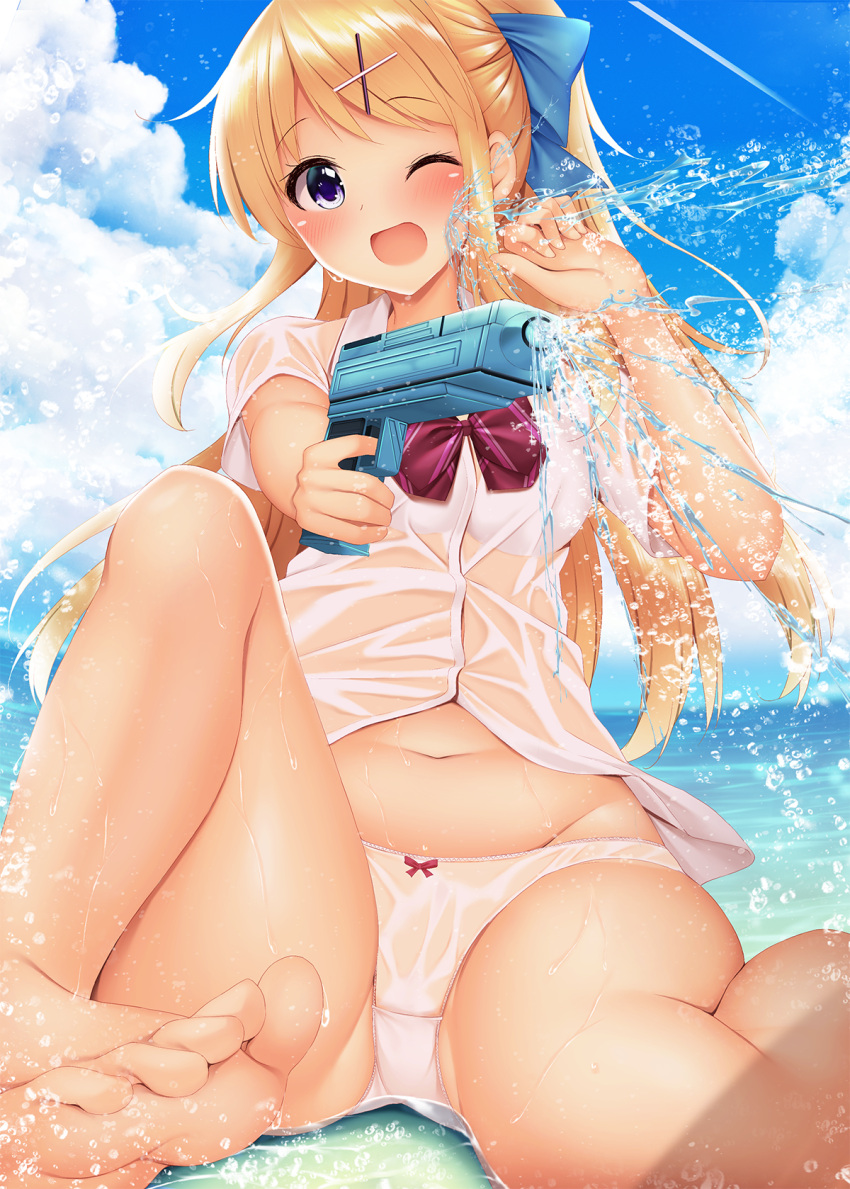 1girl ;d alternate_hairstyle arm_up barefoot blonde_hair blue_bow blue_sky blush bow bra clouds day dress_shirt eyebrows_visible_through_hair feet groin hair_bow hair_ornament hairclip highres holding in_water kin-iro_mosaic knee_up kujou_karen long_hair midriff minato_ojitan navel ocean one_eye_closed open_mouth outdoors panties ponytail red_neckwear see-through shallow_water shirt short_sleeves sidelocks sitting sky smile solo thighs toes underwear water water_drop water_gun wet wet_clothes white_bra white_panties white_shirt x_hair_ornament
