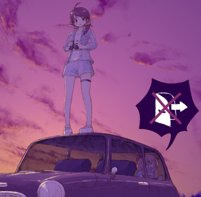 2girls against_glass bangs binoculars blue_shirt blue_shorts bow brown_eyes brown_hair car clouds commentary_request contemporary cookie_(touhou) exit_sign eyebrows_visible_through_hair frilled_bow frills full_body ground_vehicle hair_bow hakurei_reimu holding holding_binoculars horns ibuki_suika kanna_(cookie) long_hair looking_down medium_hair miyako_(naotsugu) motor_vehicle multiple_girls open_mouth orange_hair outdoors red_bow shirt shoes shorts sneakers solid_circle_eyes speech_bubble standing standing_on_car sunset swept_bangs thigh_strap touhou trapped unbuttoned unbuttoned_shirt wavy_mouth white_footwear white_shirt yamin_(cookie)
