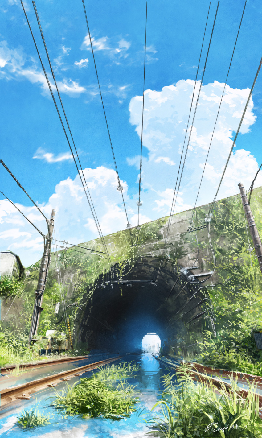 blue_sky cable clouds cloudy_sky commentary_request day grass hachiya_shohei highres no_humans original outdoors power_lines railroad_tracks reflection scenery signature sky tunnel water