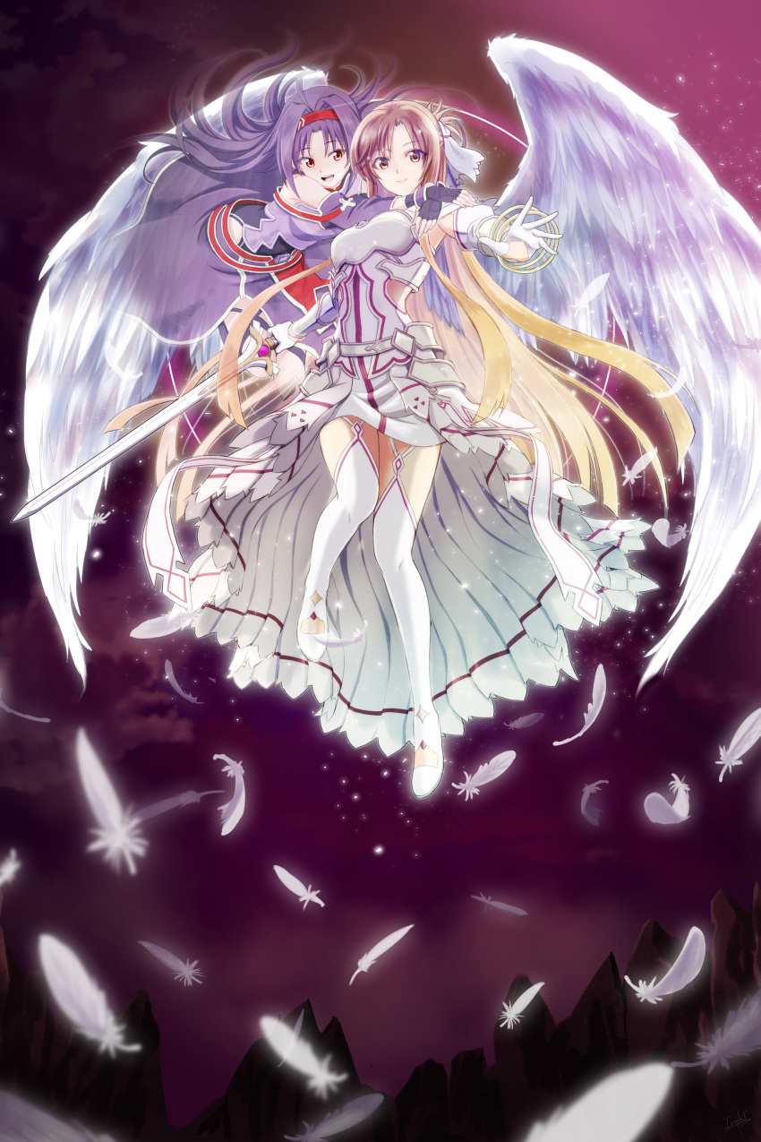 2girls absurdres angel_wings armor armored_dress arms_around_neck asuna_(stacia) blonde_hair boots breastplate brown_hair detached_sleeves dress feathered_wings fingerless_gloves floating_hair flying gloves gradient_hair hair_intakes headband highres holding holding_sword holding_weapon ivuki long_hair multicolored_hair multiple_girls purple_gloves purple_hair purple_skirt purple_sky purple_sleeves red_headband shiny shiny_hair side_slit skirt sleeveless sleeveless_dress sword sword_art_online thigh-highs thigh_boots very_long_hair waist_cape weapon white_dress white_feathers white_footwear white_gloves white_sleeves white_wings wings yuuki_(sao)