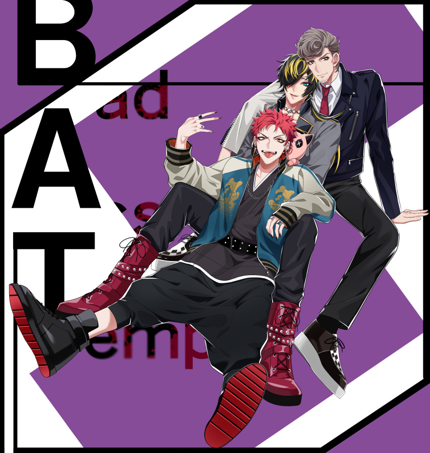 3boys absurdres aimono_juushi amaguni_hitoya bad_ass_temple belt black_nails boots brown_hair hair_over_one_eye harai_kuuko highres hypnosis_mic jacket jewelry letterman_jacket long_hair male_focus multicolored_hair multiple_boys necktie pokosuka pompadour red_footwear red_neckwear redhead ring shoes sneakers two-tone_jacket