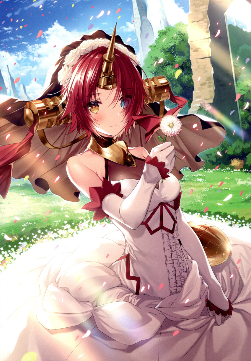 1girl absurdres bangs bare_shoulders blue_eyes blue_sky blush breasts brown_eyes closed_mouth clouds cloudy_sky dress elbow_gloves fate/grand_order fate_(series) flower frankenstein's_monster_(fate) frills gloves grass heterochromia highres holding horns huge_filesize long_hair looking_at_viewer medium_breasts necomi petals redhead scan shiny shiny_hair short_hair simple_background single_horn sky sleeveless solo sunlight veil
