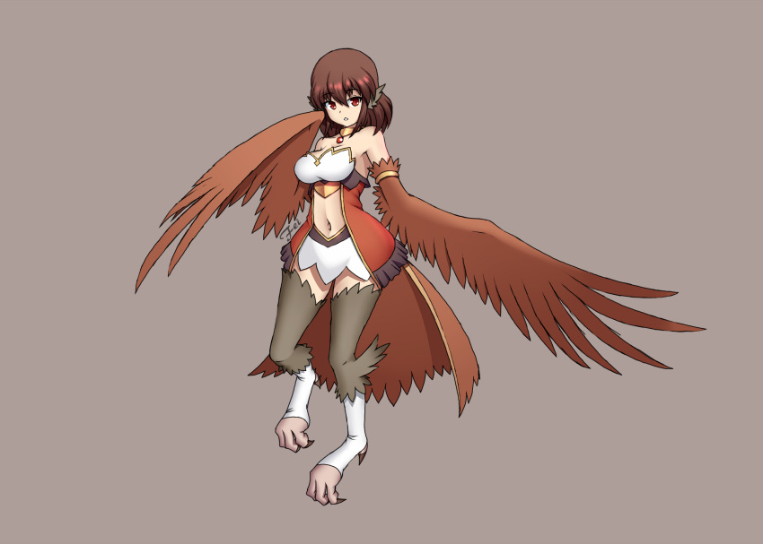 1girl armlet breasts brown_hair digitigrade eyebrows_visible_through_hair feathered_wings fei_(ercan_dinler17) full_body harpy highres jewelry large_breasts looking_at_viewer monster_girl navel necklace original red_eyes signature simple_background solo talons wing_ears winged_arms wings