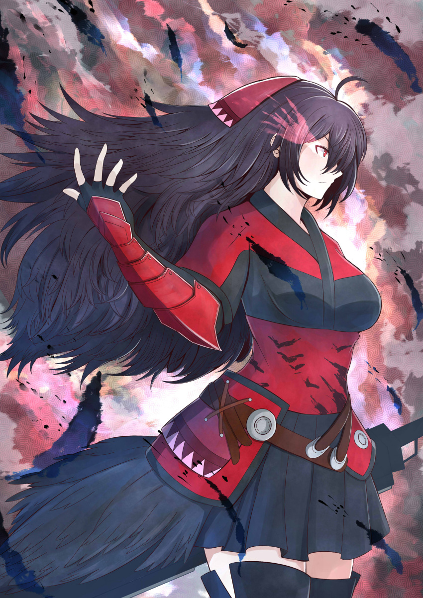 1girl absurdres ahoge arm_guards armor black_hair black_skirt breasts clouds fingerless_gloves from_side gloves hair_between_eyes highres large_breasts long_hair pleated_skirt raven_branwen red_eyes rwby skirt solo thigh-highs untold zettai_ryouiki