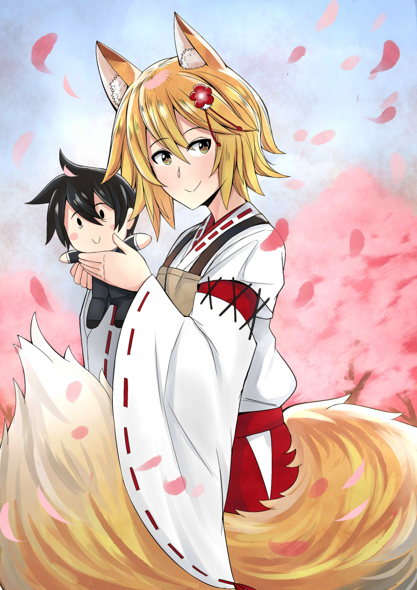 1boy 1girl absurdres animal_ear_fluff animal_ears apron black_hair blonde_hair blush cherry_blossoms doll flower fox_ears fox_tail hair_between_eyes hair_flower hair_ornament hakama_pants highres hip_vent japanese_clothes looking_at_viewer miko petals senko_(sewayaki_kitsune_no_senko-san) sewayaki_kitsune_no_senko-san short_hair smile tail untold wide_sleeves yellow_eyes