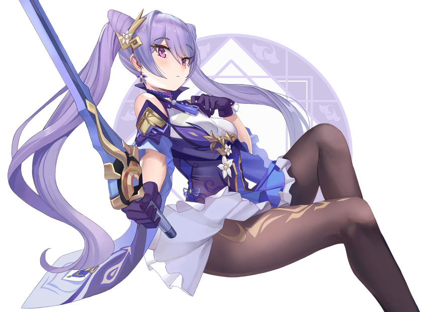 1girl ayuxu bangs bare_shoulders black_legwear blush breasts dress eyebrows_visible_through_hair feet_out_of_frame genshin_impact gloves hand_up highres holding holding_sword holding_weapon keqing_(genshin_impact) long_hair looking_at_viewer pantyhose pink_eyes pointy_hair purple_gloves purple_hair short_dress simple_background small_breasts solo sword thighs twintails very_long_hair weapon white_background