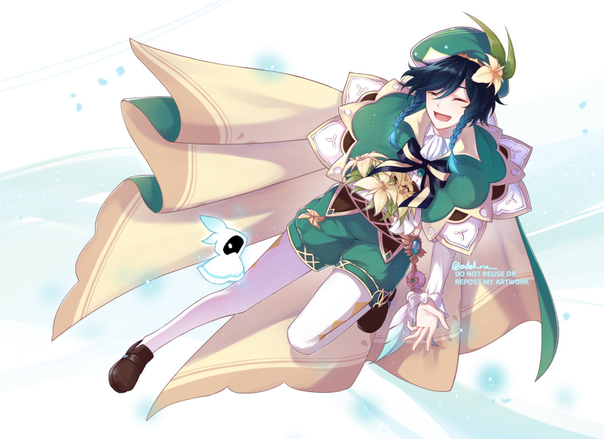 1boy androgynous argyle argyle_legwear bangs barbatos_(genshin_impact) beret black_hair blue_hair bow braid brill_p brooch cape closed_eyes collared_cape collared_shirt elemental_(creature) eyebrows_visible_through_hair feathers flower frilled_sleeves frills gem genshin_impact gradient_hair green_headwear green_shorts hat hat_flower highres jewelry leaf light_particles long_sleeves male_focus multicolored_hair open_mouth pantyhose pinwheel shirt shoes short_hair_with_long_locks shorts simple_background smile twin_braids venti_(genshin_impact) vision_(genshin_impact) white_flower white_legwear white_shirt